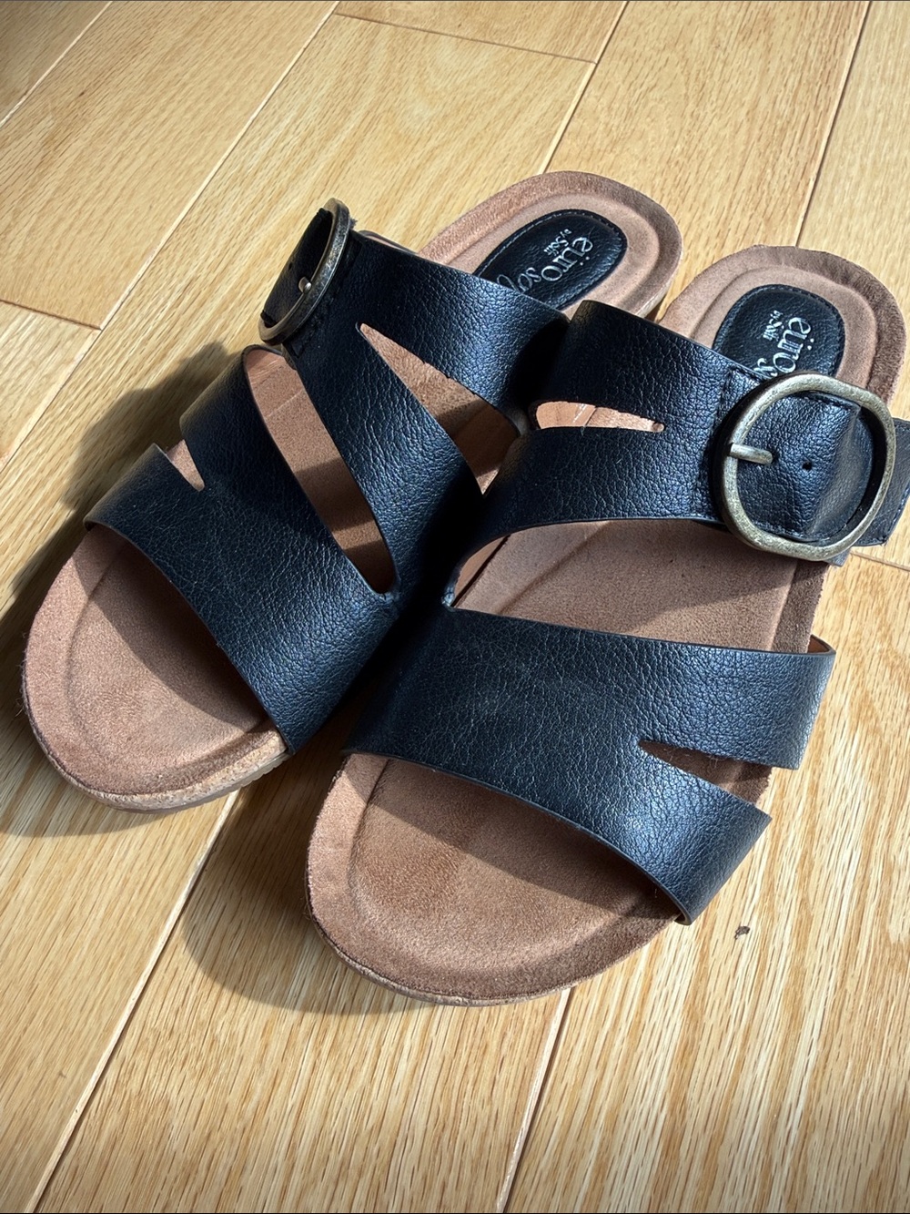 Sofft Black Leather-Look Slide Sandals with Antiqued Buckle